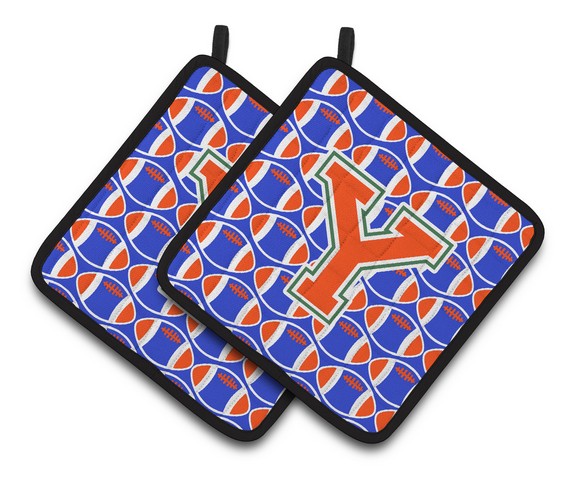 CJ1083-YPTHD Letter Y Football Green, Blue & Orange Pair of Pot Holders, 7.5 x 3 x 7.5 in.
