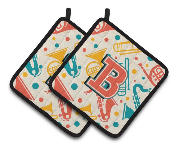 Letter B Retro Teal Orange Musical Instruments Initial Pair of Pot Holders 7.5 x 3 x 7.5 in.