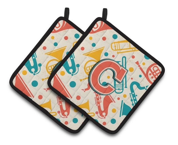 Letter C Retro Teal Orange Musical Instruments Initial Pair of Pot Holders