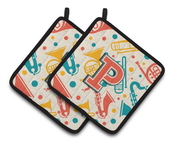CJ2001-PPTHD Letter P Retro Teal Orange Musical Instruments Initial Pair of Pot Holders, 7.5 x 3 x 7.5 in.
