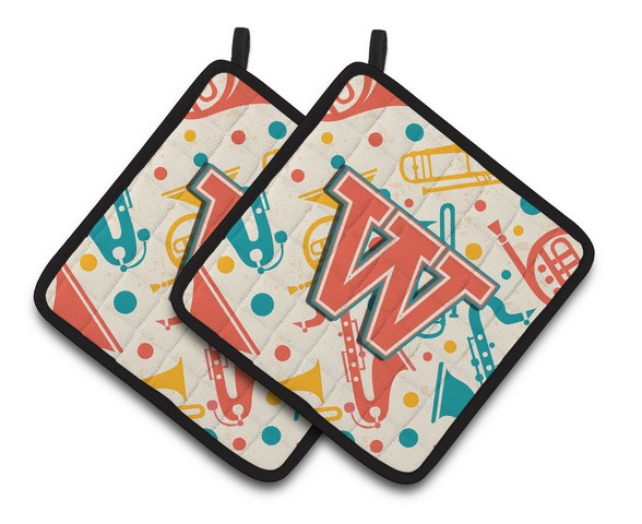 CJ2001-WPTHD Letter W Retro Teal Orange Musical Instruments Initial Pair of Pot Holders, 7.5 x 3 x 7.5 in.