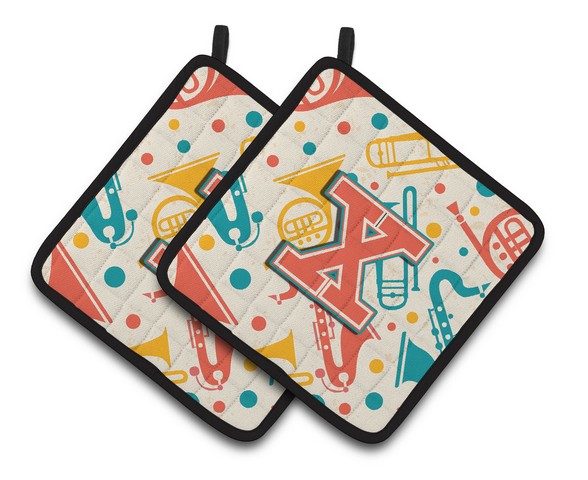 Letter X Retro Teal Orange Musical Instruments Initial Pair of Pot Holders 7.5 x 3 x 7.5 in.