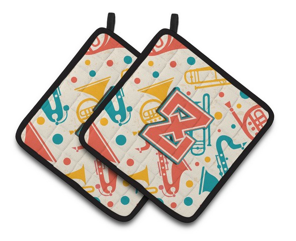 Letter Z Retro Teal Orange Musical Instruments Initial Pair of Pot Holders - 7.5 x 3 x 7.5 in.