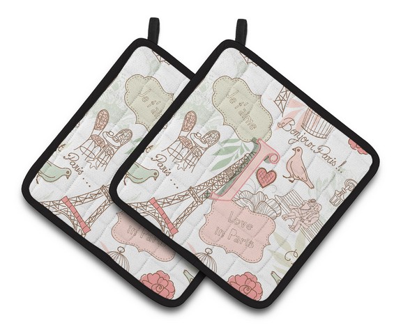 CJ2002-JPTHD Letter J Love in Paris Pink Pair of Pot Holders, 7.5 x 3 x 7.5 in.