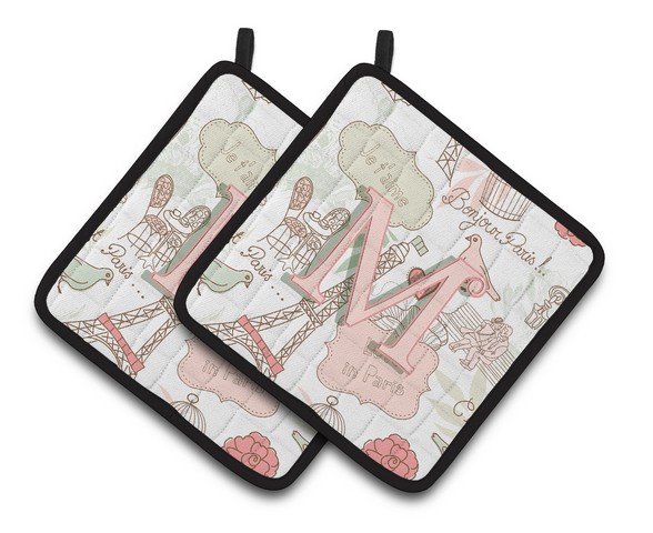 CJ2002-MPTHD Letter M Love in Paris Pink Pair of Pot Holders, 7.5 x 3 x 7.5 in.
