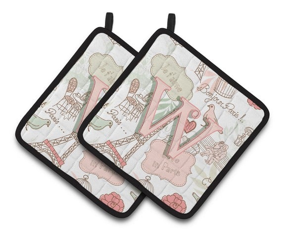 CJ2002-WPTHD Letter W Love in Paris Pink Pair of Pot Holders, 7.5 x 3 x 7.5 in.