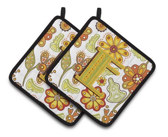 Letter E Floral Mustard & Green Pair of Pot Holders