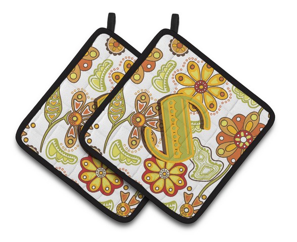 Letter S Floral Mustard & Green Pair of Pot Holders