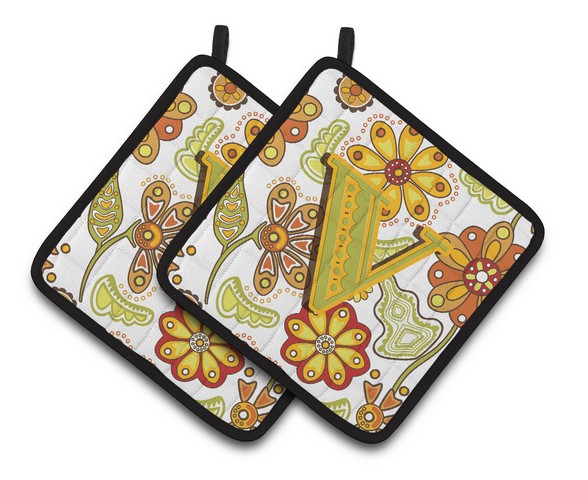 Letter V Floral Mustard & Green Pair of Pot Holders