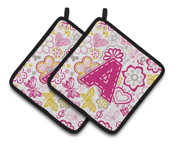 CJ2005-APTHD Letter A Flowers & Butterflies Pink Pair of Pot Holders, 7.5 x 3 x 7.5 in.