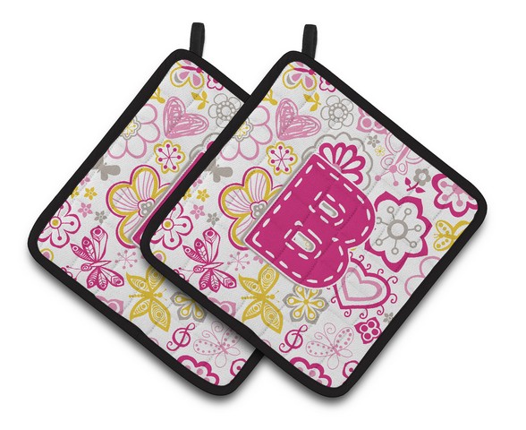 CJ2005-BPTHD Letter B Flowers & Butterflies Pink Pair of Pot Holders, 7.5 x 3 x 7.5 in.