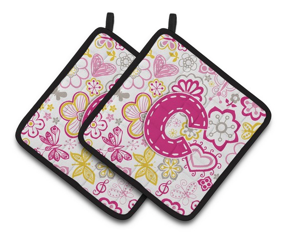 CJ2005-CPTHD Letter C Flowers & Butterflies Pink Pair of Pot Holders, 7.5 x 3 x 7.5 in.