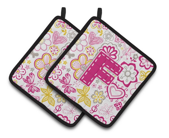 CJ2005-FPTHD Letter F Flowers & Butterflies Pink Pair of Pot Holders, 7.5 x 3 x 7.5 in.