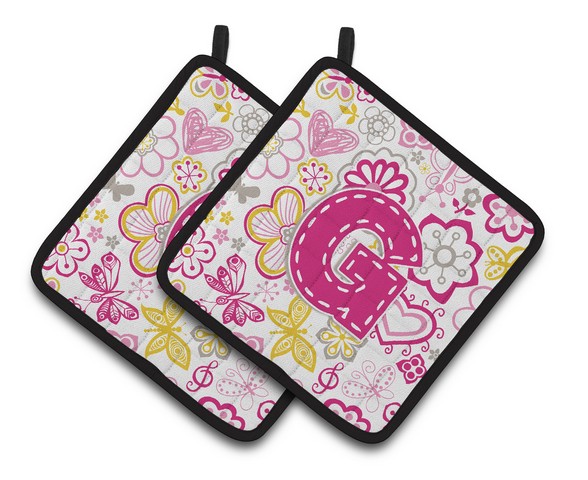 Letter G Flowers & Butterflies Pink Pair of Pot Holders - Pink - 7.5 x 3 x 7.5 in.