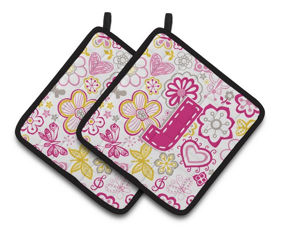 CJ2005-JPTHD Letter J Flowers & Butterflies Pink Pair of Pot Holders, 7.5 x 3 x 7.5 in.
