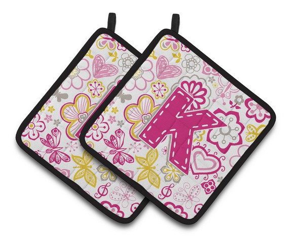 CJ2005-KPTHD Letter K Flowers & Butterflies Pink Pair of Pot Holders, 7.5 x 3 x 7.5 in.