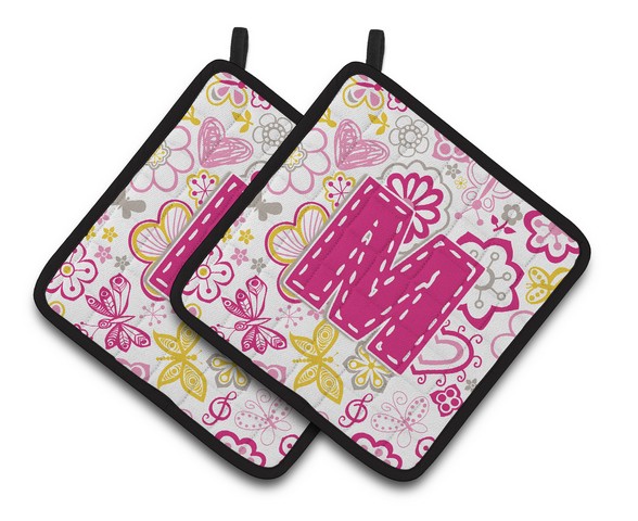 CJ2005-MPTHD Letter M Flowers & Butterflies Pink Pair of Pot Holders, 7.5 x 3 x 7.5 in.