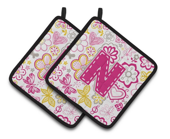 CJ2005-NPTHD Letter N Flowers & Butterflies Pink Pair of Pot Holders, 7.5 x 3 x 7.5 in.