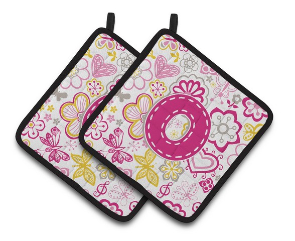 CJ2005-OPTHD Letter O Flowers & Butterflies Pink Pair of Pot Holders, 7.5 x 3 x 7.5 in.