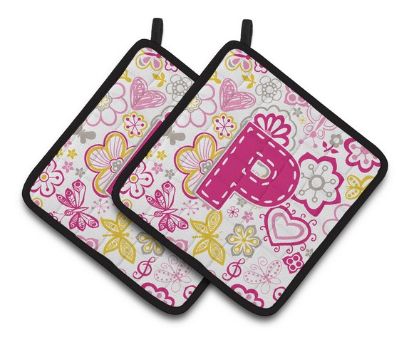 CJ2005-PPTHD Letter P Flowers & Butterflies Pink Pair of Pot Holders, 7.5 x 3 x 7.5 in.