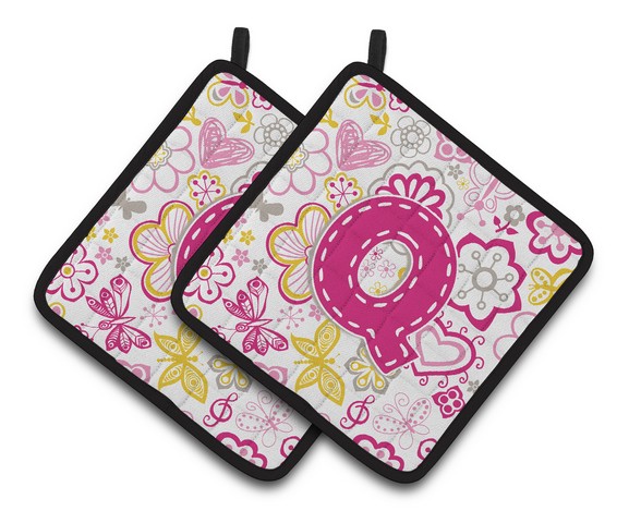 CJ2005-QPTHD Letter Q Flowers & Butterflies Pink Pair of Pot Holders, 7.5 x 3 x 7.5 in.