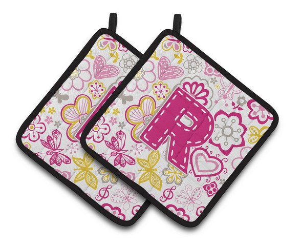 CJ2005-RPTHD Letter R Flowers & Butterflies Pink Pair of Pot Holders, 7.5 x 3 x 7.5 in.