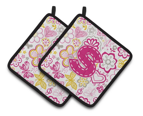 CJ2005-SPTHD Letter S Flowers & Butterflies Pink Pair of Pot Holders, 7.5 x 3 x 7.5 in.