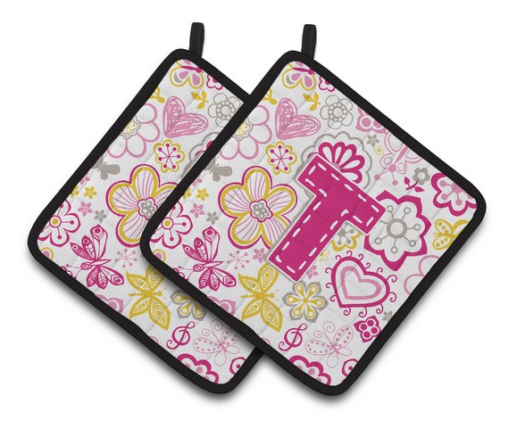 CJ2005-TPTHD Letter T Flowers & Butterflies Pink Pair of Pot Holders, 7.5 x 3 x 7.5 in.