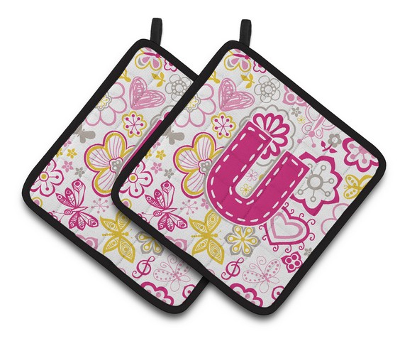 CJ2005-UPTHD Letter U Flowers & Butterflies Pink Pair of Pot Holders, 7.5 x 3 x 7.5 in.