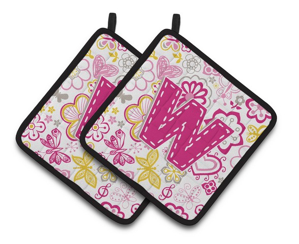 CJ2005-WPTHD Letter W Flowers & Butterflies Pink Pair of Pot Holders, 7.5 x 3 x 7.5 in.