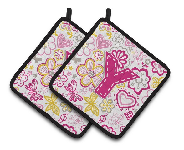 CJ2005-YPTHD Letter Y Flowers & Butterflies Pink Pair of Pot Holders, 7.5 x 3 x 7.5 in.