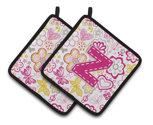 CJ2005-ZPTHD Letter Z Flowers & Butterflies Pink Pair of Pot Holders, 7.5 x 3 x 7.5 in.