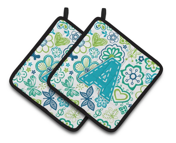 CJ2006-APTHD Letter A Flowers & Butterflies Teal Blue Pair of Pot Holders, 7.5 x 3 x 7.5 in.