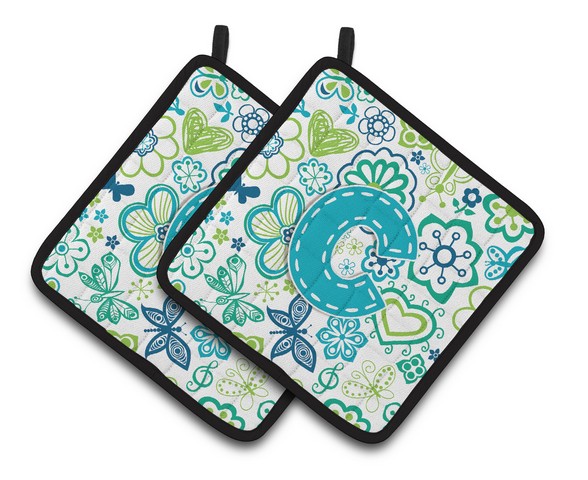 CJ2006-CPTHD Letter C Flowers & Butterflies Teal Blue Pair of Pot Holders, 7.5 x 3 x 7.5 in.