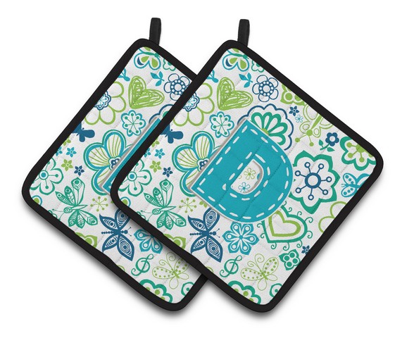 Letter D Flowers & Butterflies Teal Blue Pair of Pot Holders - 7.5 x 3 x 7.5 in.