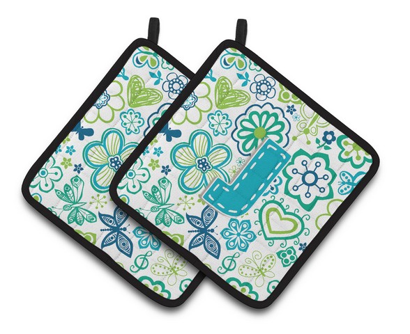 Letter J Flowers & Butterflies Teal Blue Pair of Pot Holders