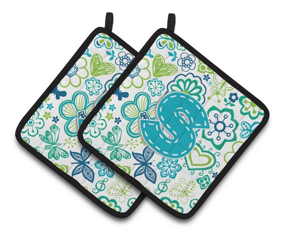 CJ2006-SPTHD Letter S Flowers & Butterflies Teal Blue Pair of Pot Holders, 7.5 x 3 x 7.5 in.