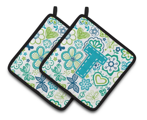 CJ2006-TPTHD Letter T Flowers & Butterflies Teal Blue Pair of Pot Holders, 7.5 x 3 x 7.5 in.