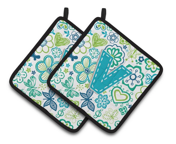 Letter V Flowers & Butterflies Teal Blue Pair of Pot Holders - 7.5 x 3 x 7.5 in.