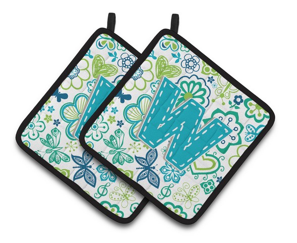 CJ2006-WPTHD Letter W Flowers & Butterflies Teal Blue Pair of Pot Holders, 7.5 x 3 x 7.5 in.