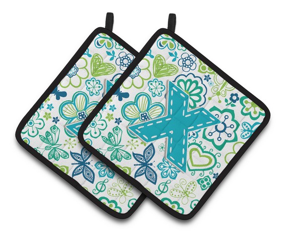 Letter X Flowers & Butterflies Teal Blue Pair of Pot Holders