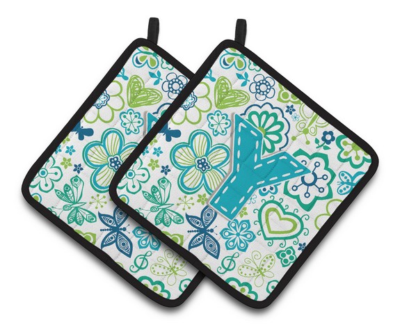 CJ2006-YPTHD Letter Y Flowers & Butterflies Teal Blue Pair of Pot Holders, 7.5 x 3 x 7.5 in.