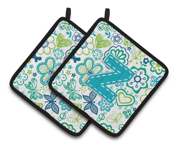 Letter Z Flowers & Butterflies Teal Blue Pair of Pot Holders - 7.5 x 3 x 7.5 in.