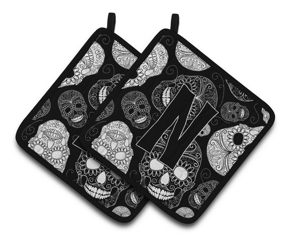 CJ2008-NPTHD Letter N Day of the Dead Skulls Black Pair of Pot Holders, 7.5 x 3 x 7.5 in.
