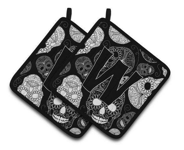 CJ2008-WPTHD Letter W Day of the Dead Skulls Black Pair of Pot Holders, 7.5 x 3 x 7.5 in.