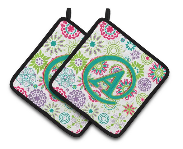 CJ2011-APTHD Letter A Flowers Pink Teal Green Initial Pair of Pot Holders, 7.5 x 3 x 7.5 in.