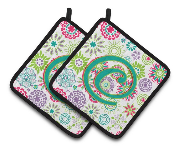 CJ2011-CPTHD Letter C Flowers Pink Teal Green Initial Pair of Pot Holders, 7.5 x 3 x 7.5 in.