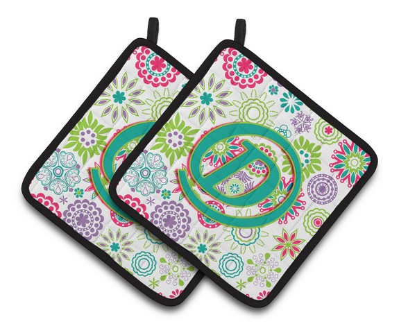 CJ2011-DPTHD Letter D Flowers Pink Teal Green Initial Pair of Pot Holders, 7.5 x 3 x 7.5 in.