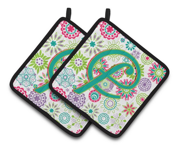 CJ2011-FPTHD Letter F Flowers Pink Teal Green Initial Pair of Pot Holders, 7.5 x 3 x 7.5 in.