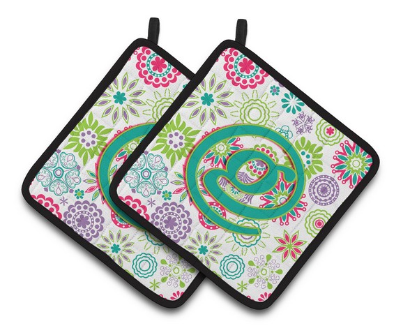 CJ2011-GPTHD Letter G Flowers Pink Teal Green Initial Pair of Pot Holders, 7.5 x 3 x 7.5 in.